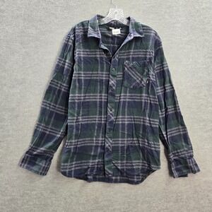 VANS Men Button Up Shirt Medium Blue Plaid Flannel Pocket Long Sleeve Collar